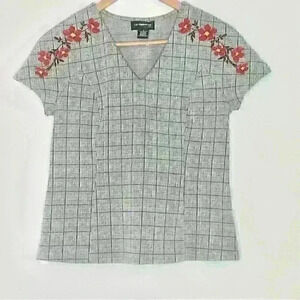 Liz Claiborne career check plaid embroider cap sleeve blouse s 4/6 gray